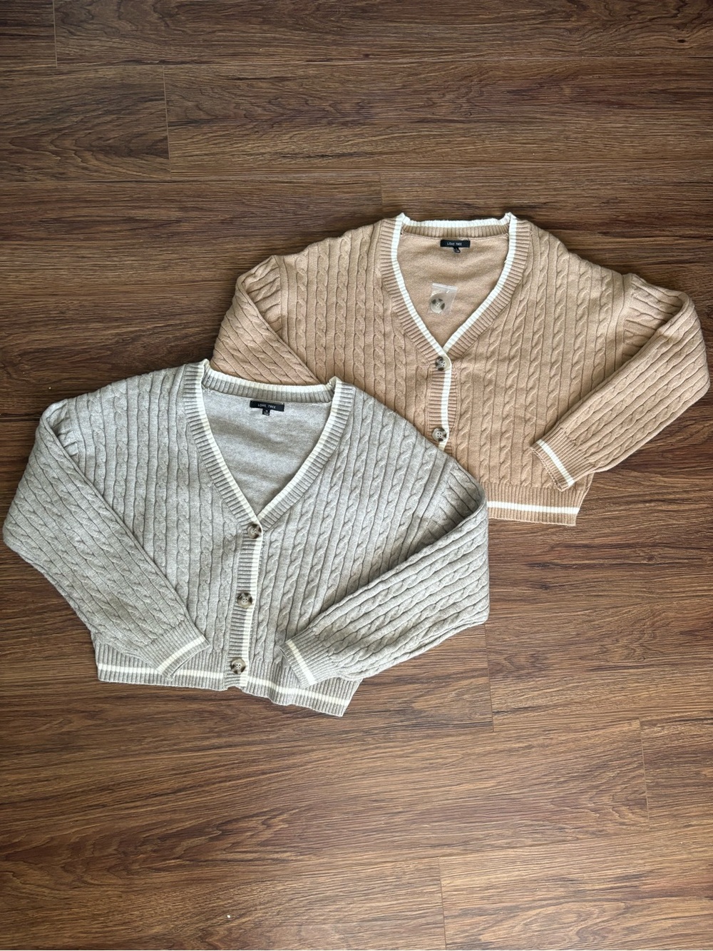 Love Tree Cable Knit Cardigan - Tan and Light Gray - Picture 2 of 5